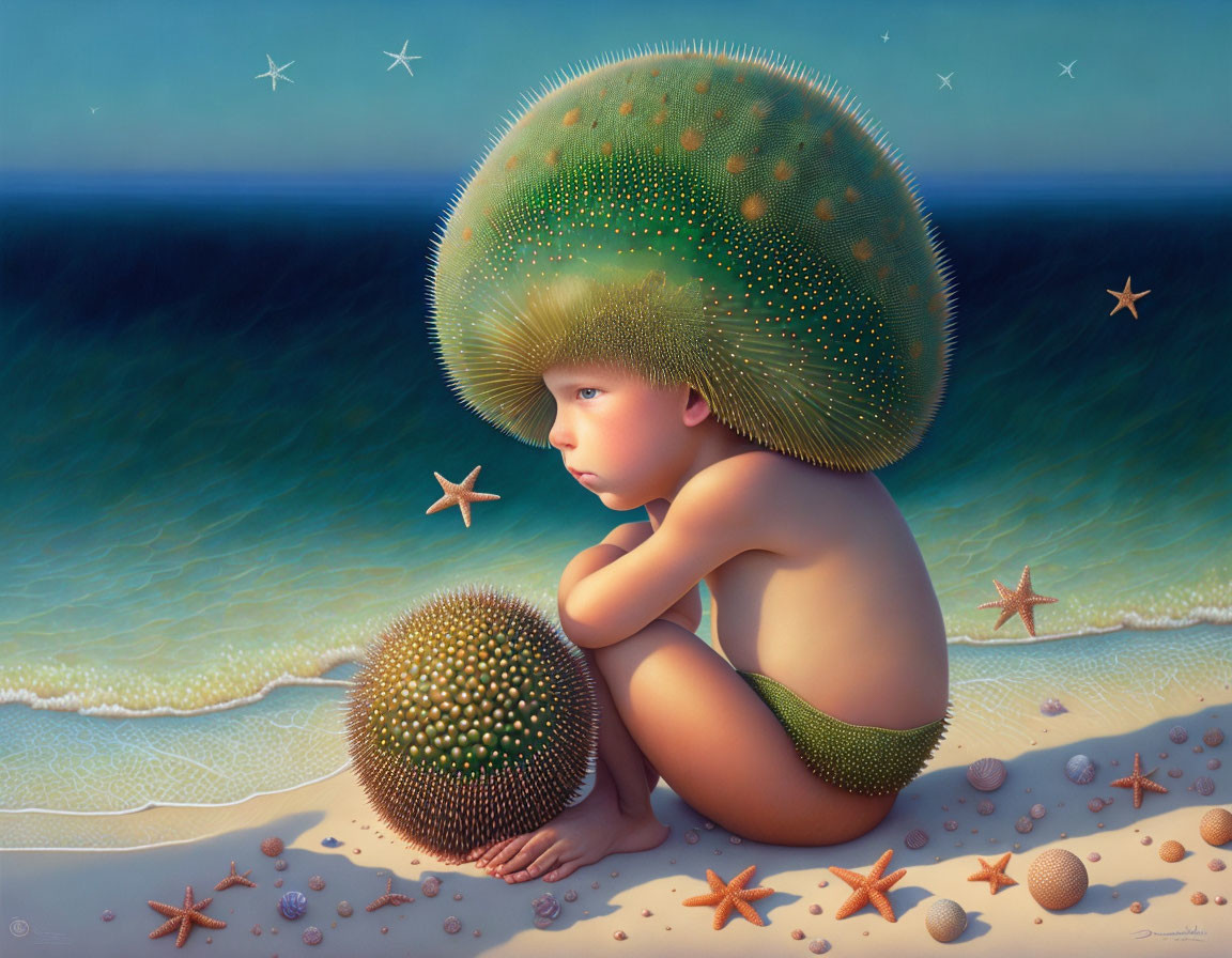 Surreal painting: Child with mushroom head on beach with spiky sphere, starfish,