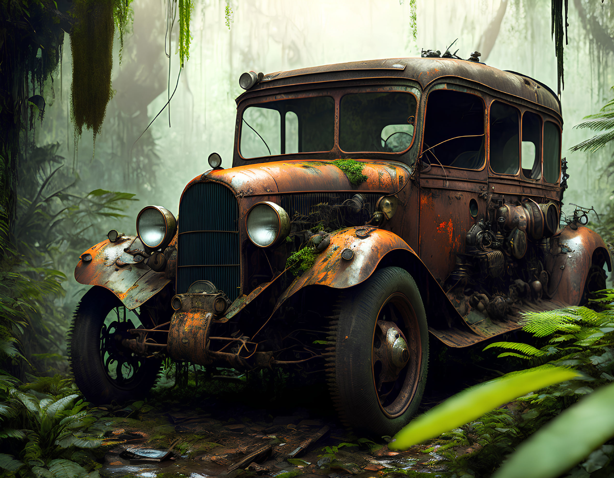 Abandoned rusty car in dense jungle with moss and fog