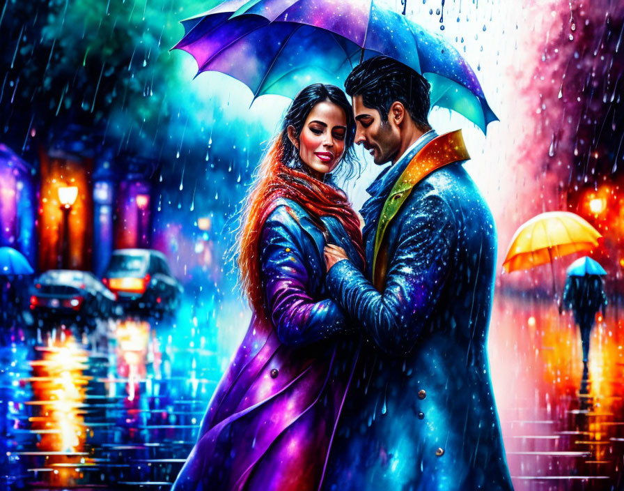 Couple Embracing Under Purple Umbrella on Rainy Street