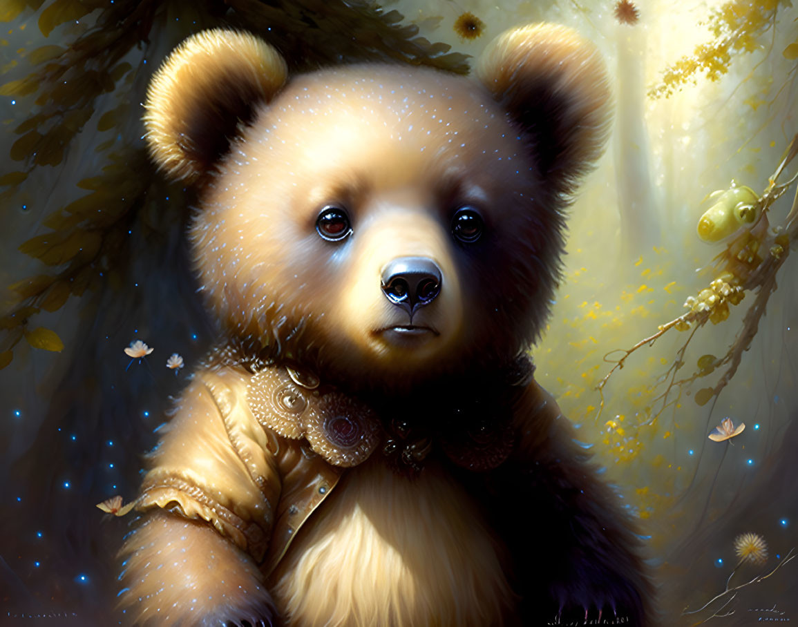 Whimsical anthropomorphic brown bear in vintage attire in magical forest