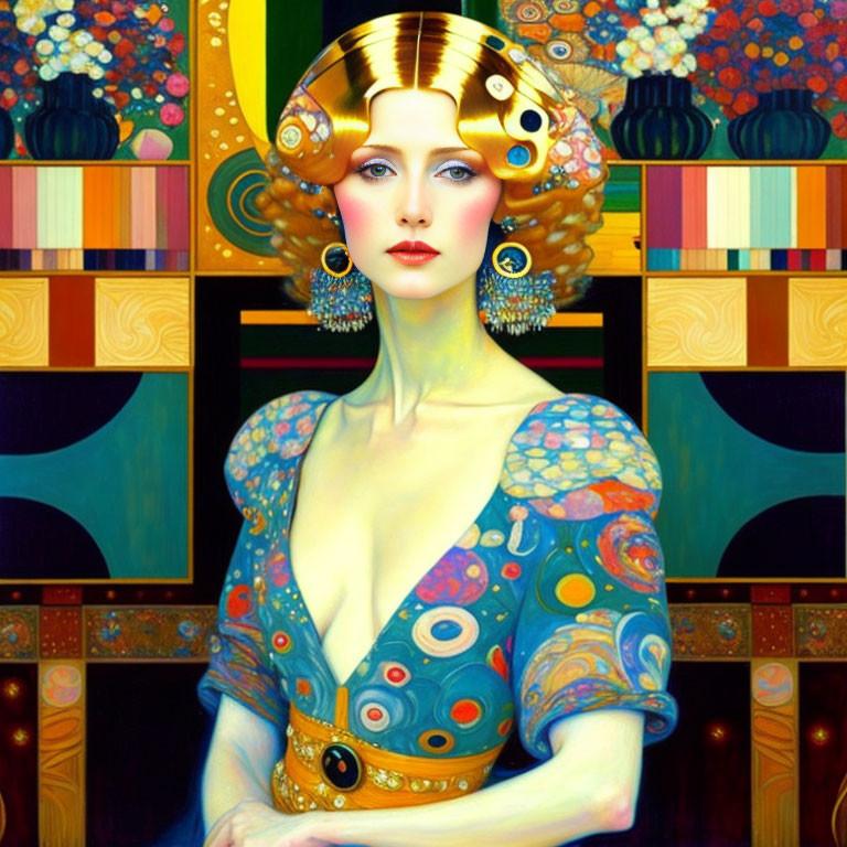 Colorful Art Nouveau-inspired portrait of a woman with ornate patterns and jewelry