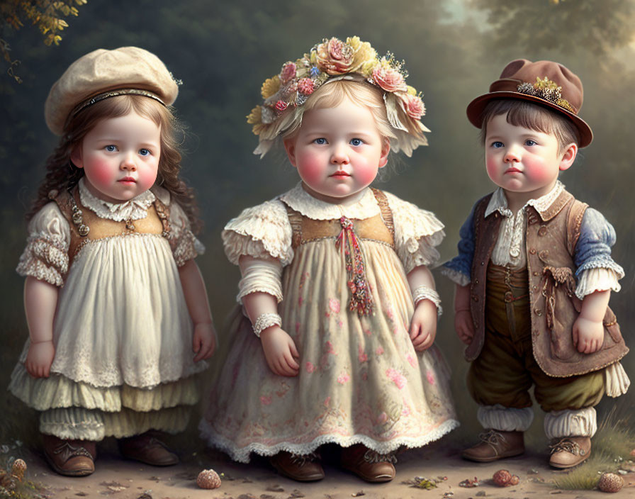 Vintage Clothing: Toddler Boy and Girls in Lace Dresses and Cap