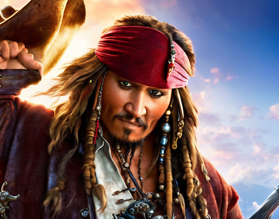 Male character in red headband with beaded braided hair, in pirate costume with sword.