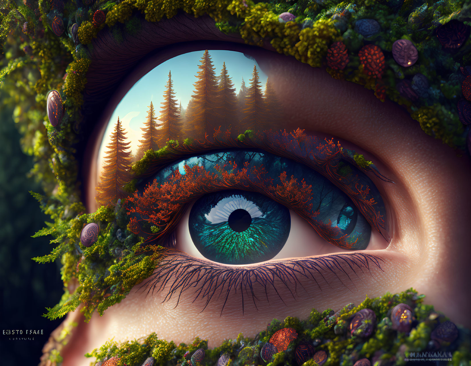 Detailed close-up of human eye reflecting forest and mountains with foliage and berries.
