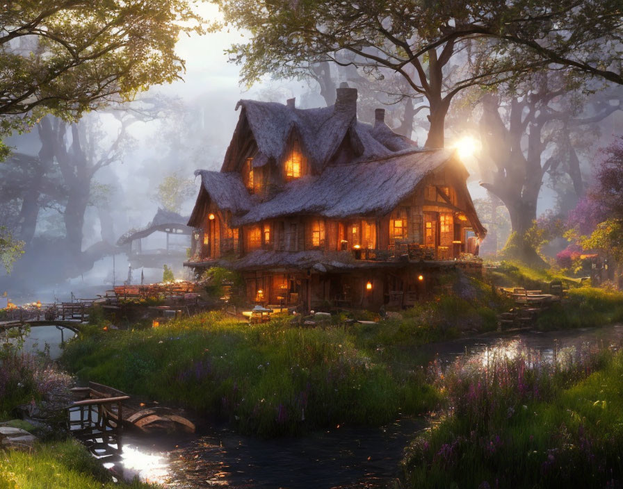 Serene Forest Glade Cottage with Thatched Roofs & Stream
