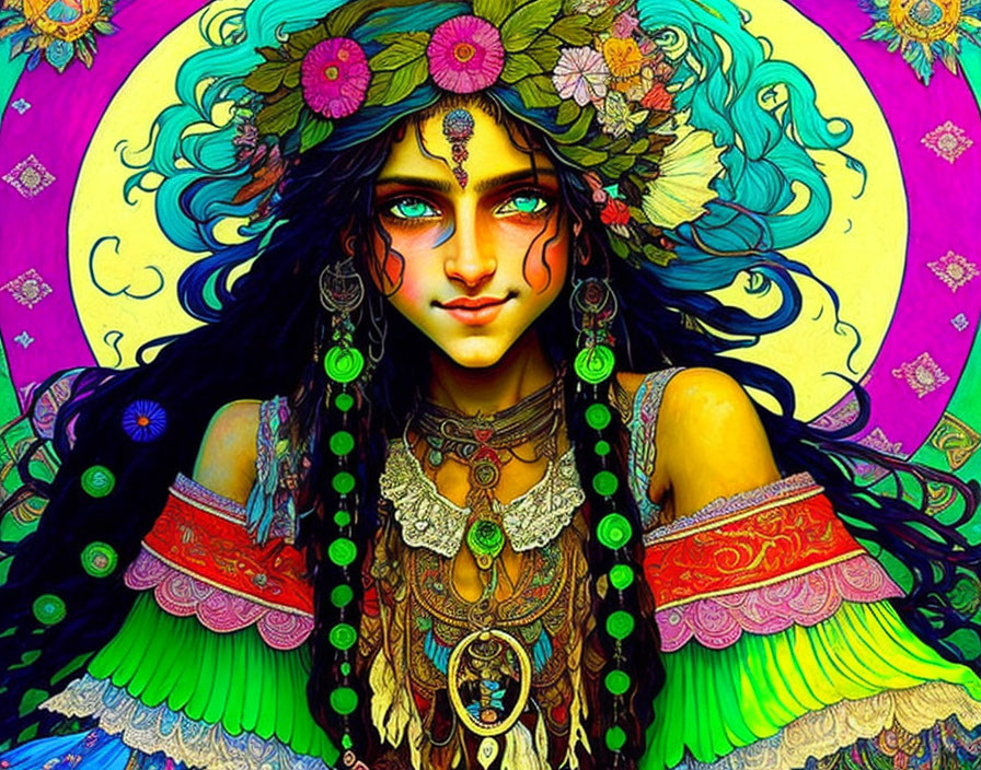 Colorful Woman with Blue Hair and Third Eye Illustration