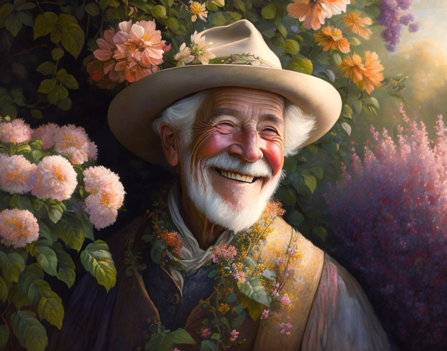 Elderly man with warm smile in colorful flower garden