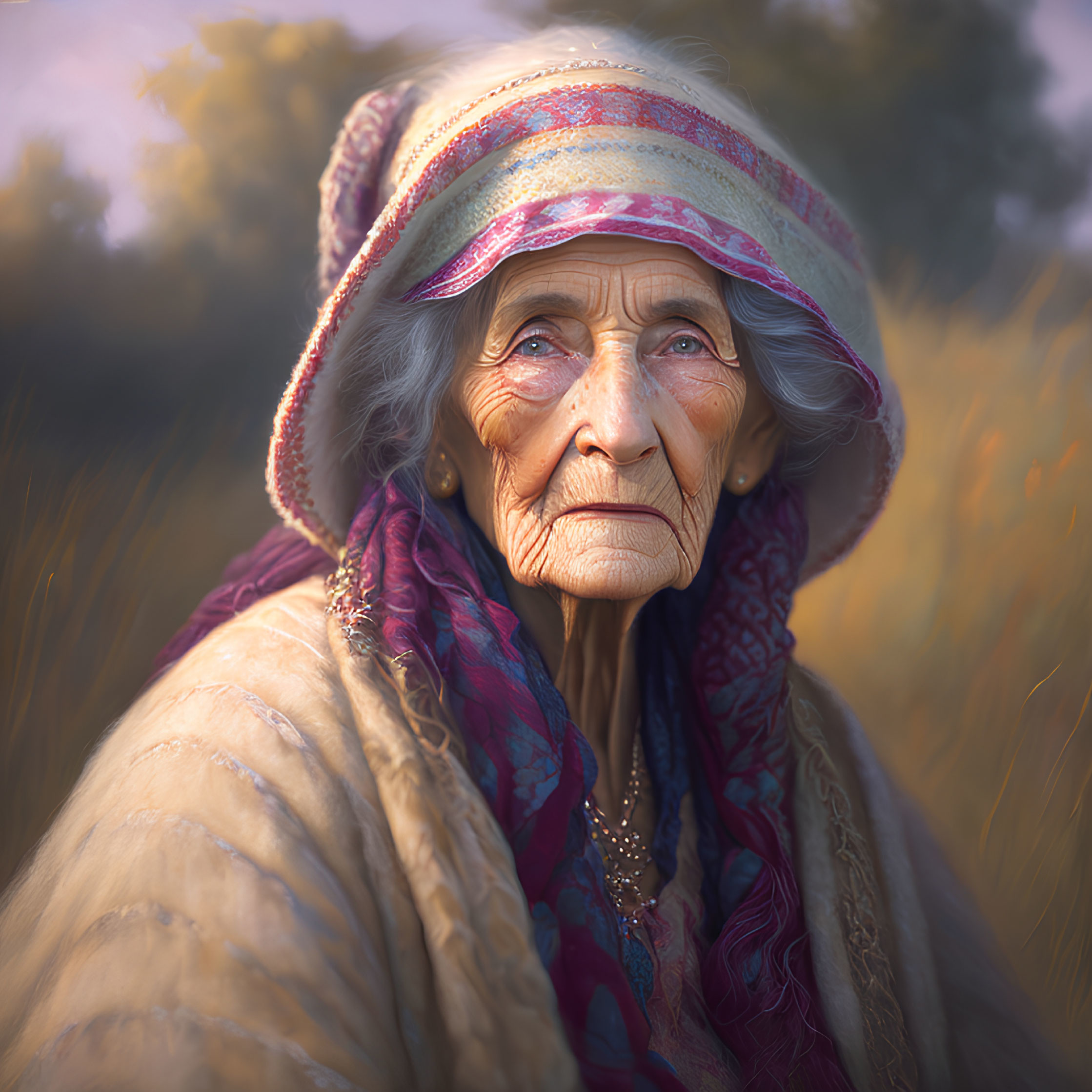 Elderly woman with deep wrinkles in colorful headscarves in golden field