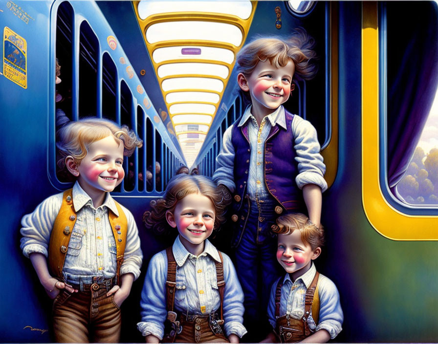 Four children in vintage attire with oversized smiling faces in a colorful train corridor