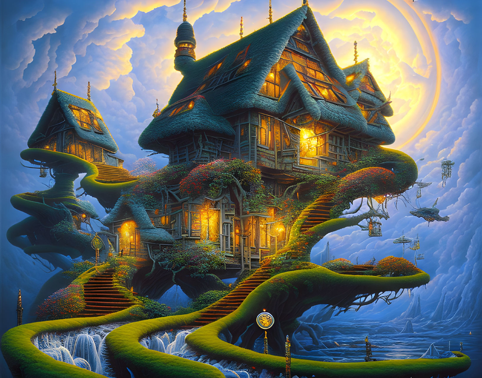 Fantasy artwork: Whimsical houses on giant trees under full moon