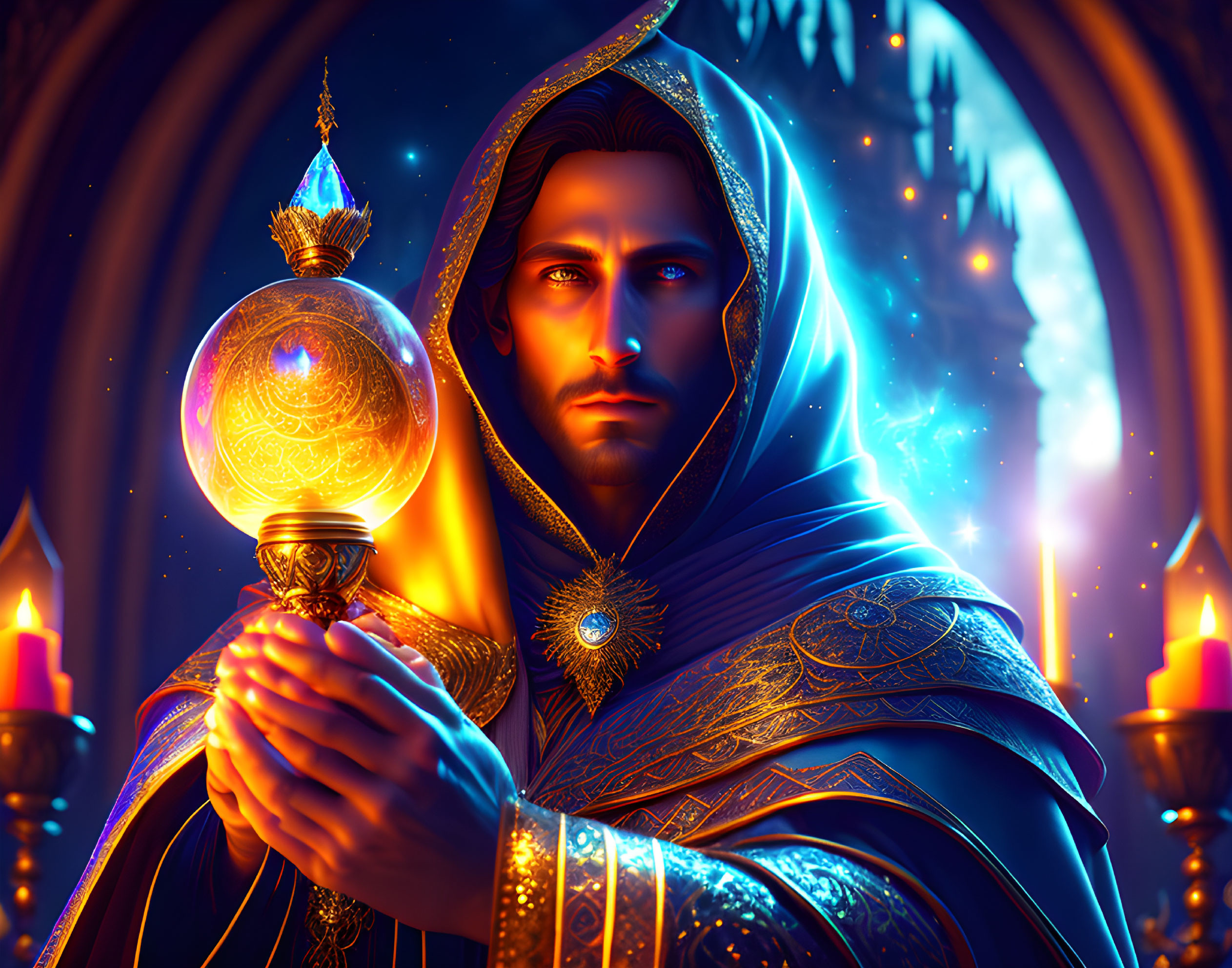 Mystical figure in blue cloak with glowing orb in ornate, candlelit room