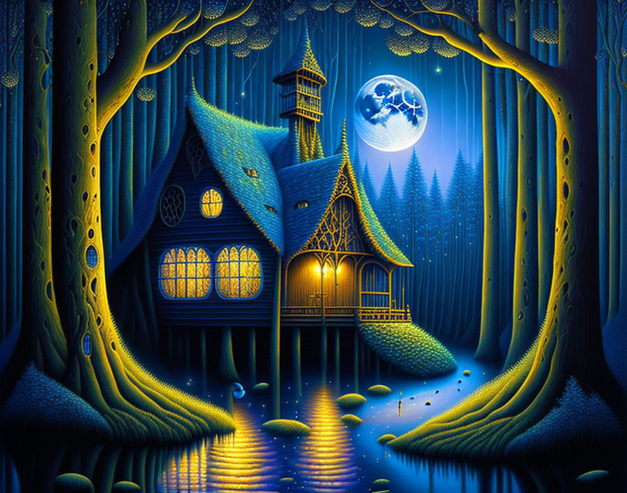 Luminous Blue Forest Illustration with Fantasy Treehouse