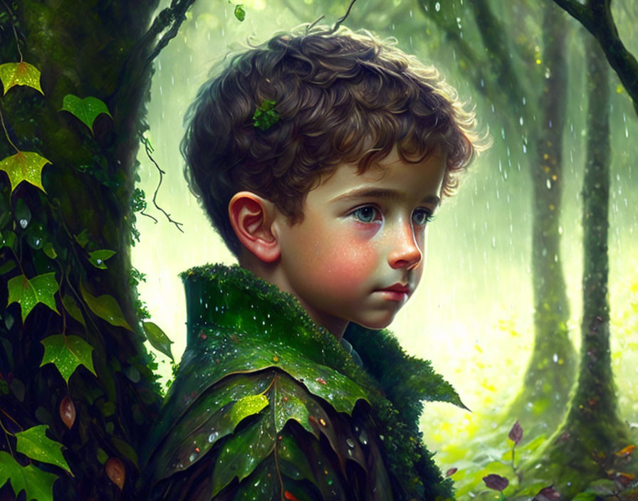 Young boy with curly hair in leafy cloak in forest with soft light.