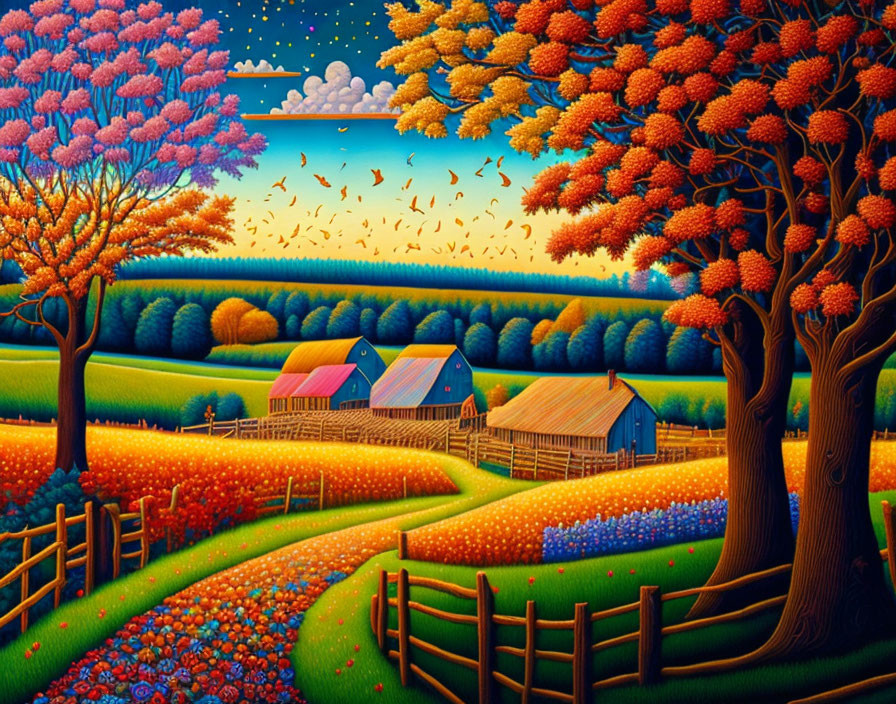 Colorful countryside landscape with whimsical trees, barns, and birds at dusk