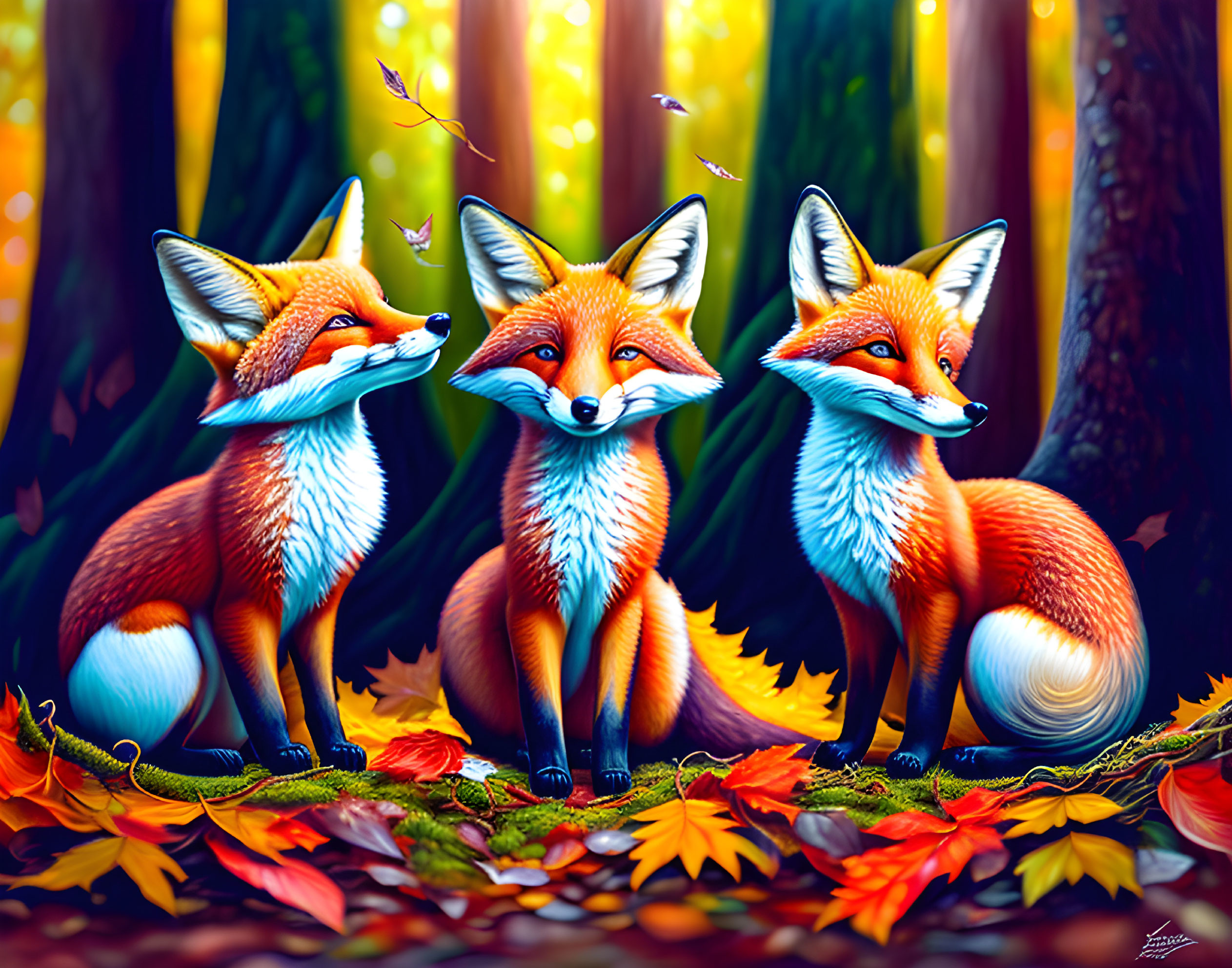 Vividly Colored Stylized Foxes in Whimsical Autumn Forest