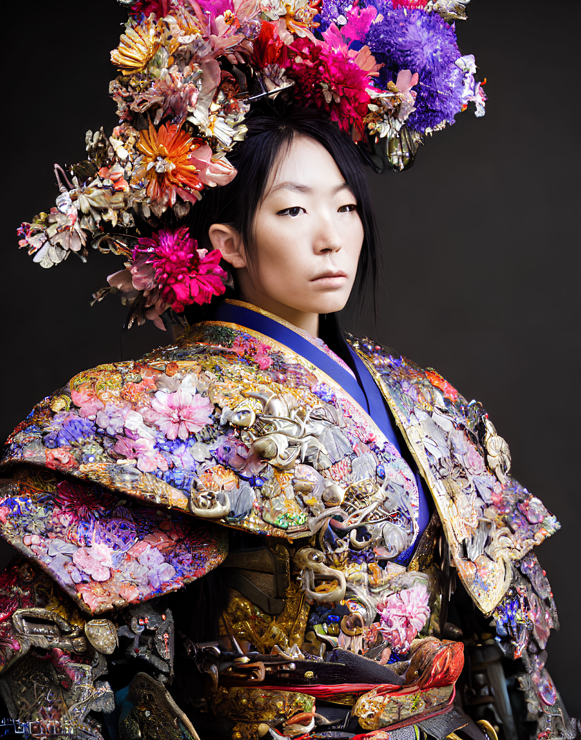Traditional Japanese attire with ornate floral headdress and vibrant armor.