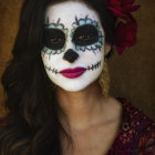 Stylized portrait of figure with white face, black lips, eye masks, and burgundy floral