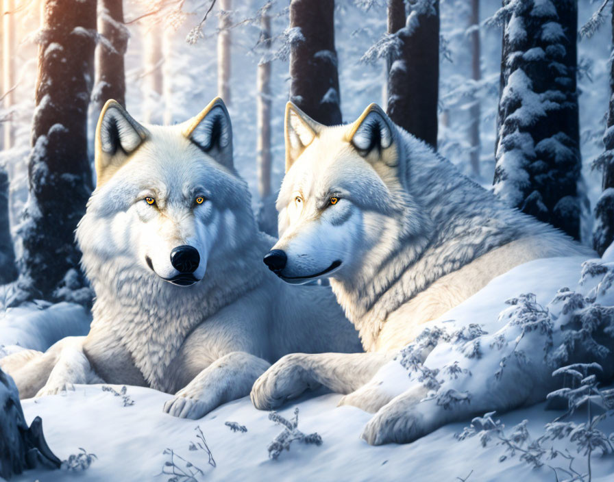 White Wolves with Blue Eyes Resting in Snowy Forest