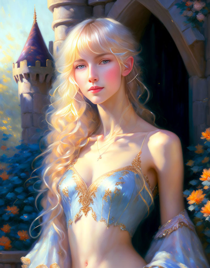 Blonde-haired woman in medieval fantasy digital painting