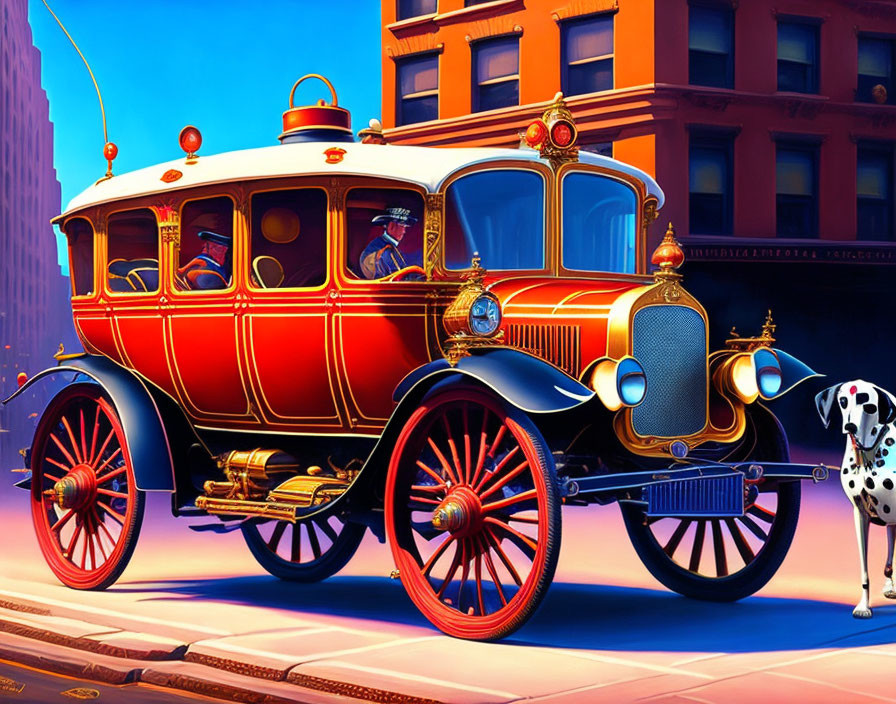 Vintage red and gold car with Dalmatian dog on city street - Illustration