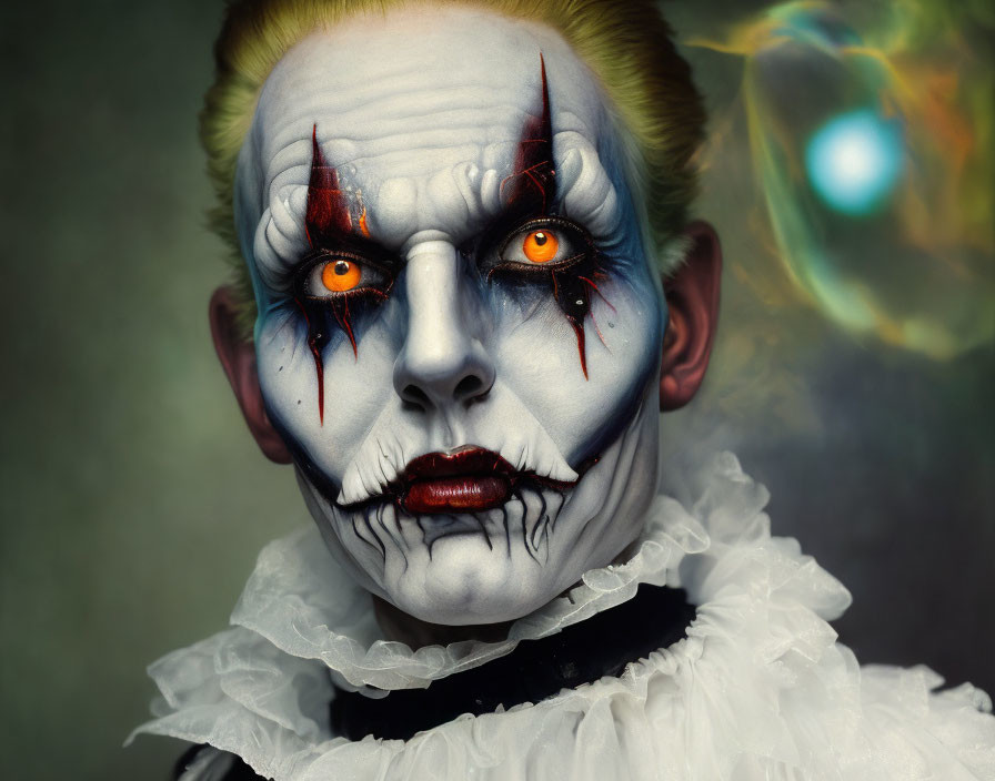 Person with dramatic clown makeup: white face paint, dark eye designs, fiery orange eyes, frilly
