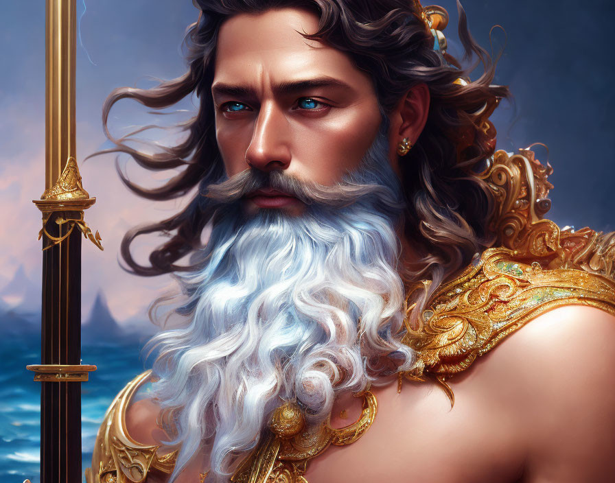 Bearded figure in golden armor with sword in seascape