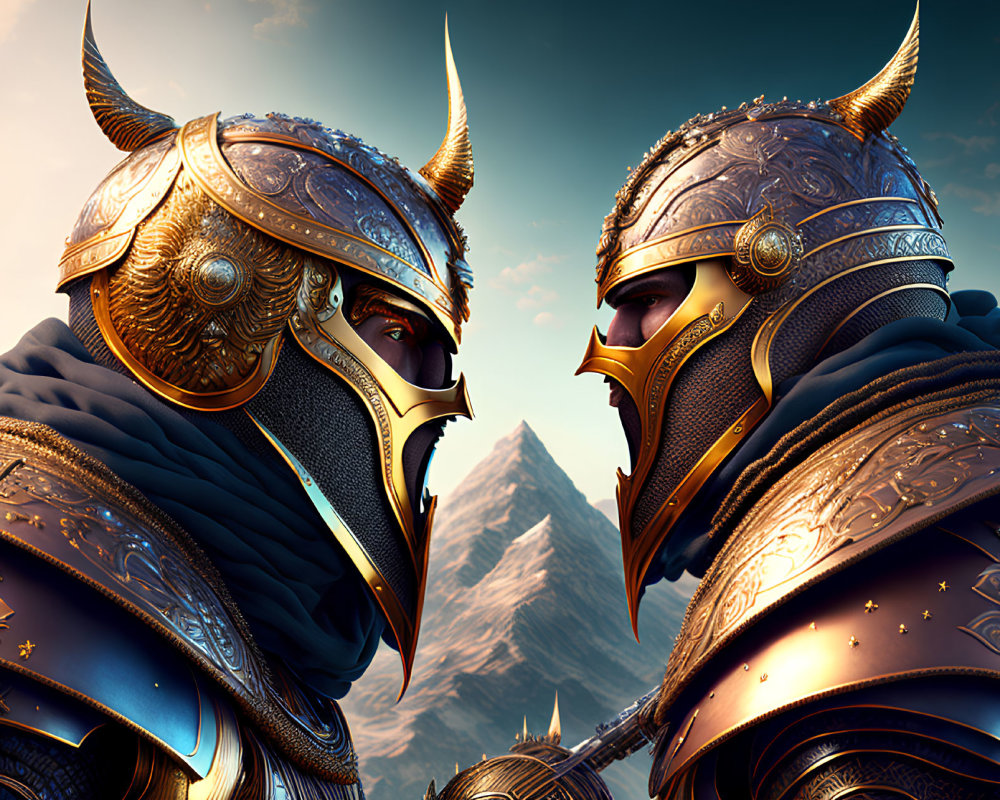 Armored warriors with horned helmets in mountain landscape