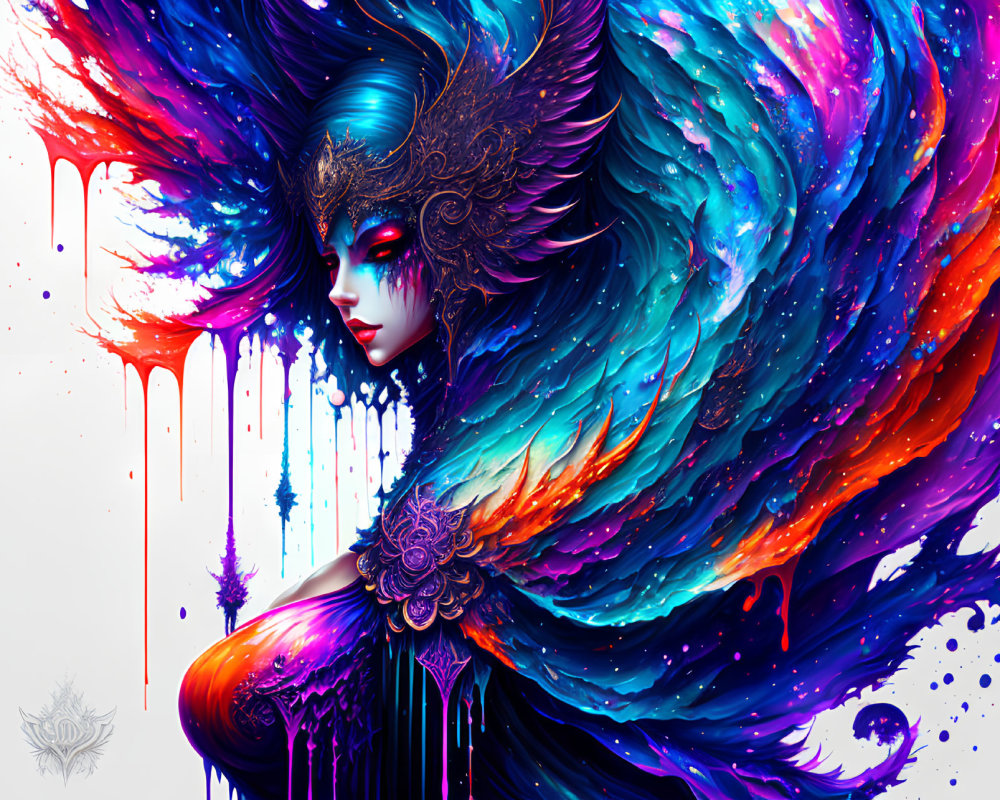Colorful digital artwork of woman with feather headdress and red eyes in swirling background.