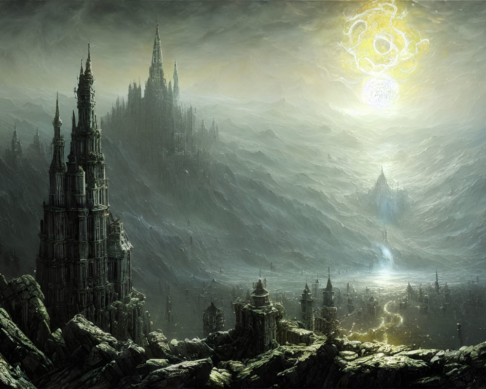 Mystical landscape with towering spire and glowing yellow sigil