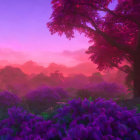Vibrant Dusk Landscape: Purple Foliage, Misty Mountains, Pink Sky