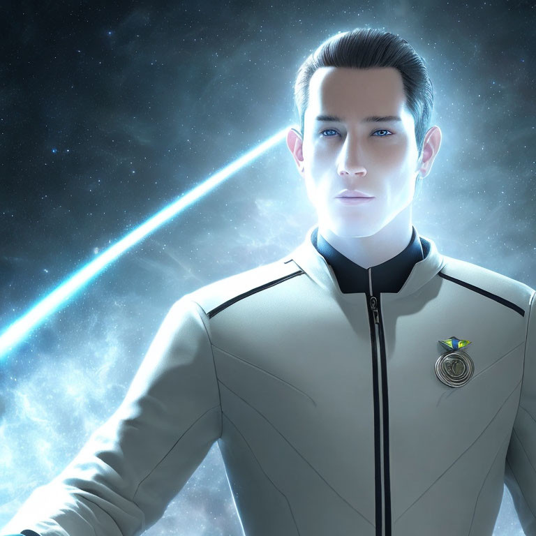 Futuristic male character in white uniform against cosmic backdrop