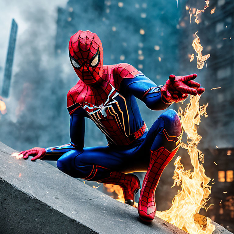 Person in Spider-Man costume crouching on building edge with fiery background