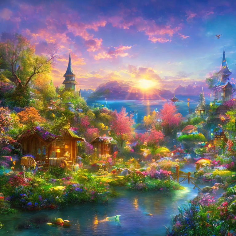 Fantasy landscape with sunset, flowers, cottage, stream, and whimsical towers.