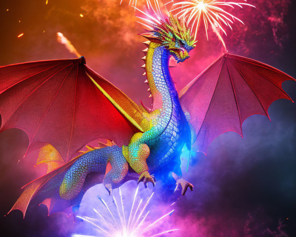Vibrant Digital Artwork: Majestic Blue Dragon Soaring Amid Night Sky Fireworks