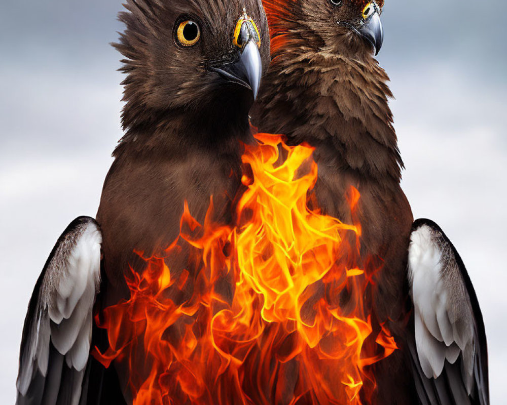 Fiery feathered birds against overcast sky