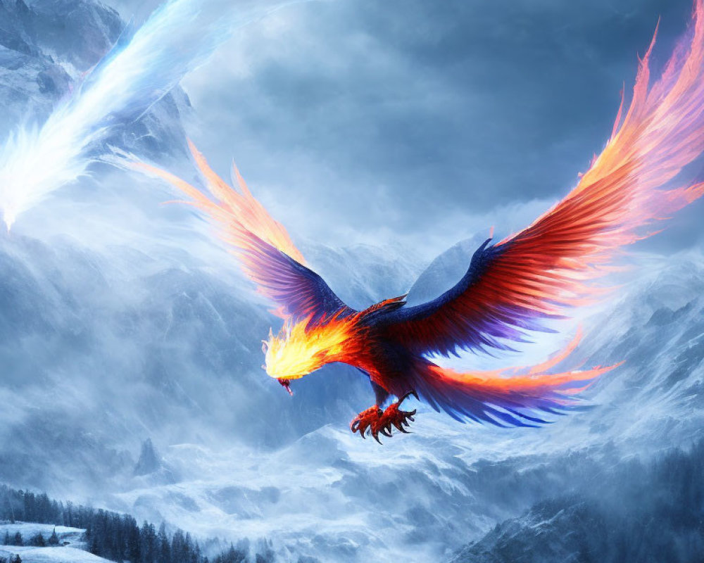 Majestic Phoenix Flying Over Snowy Mountain Landscape