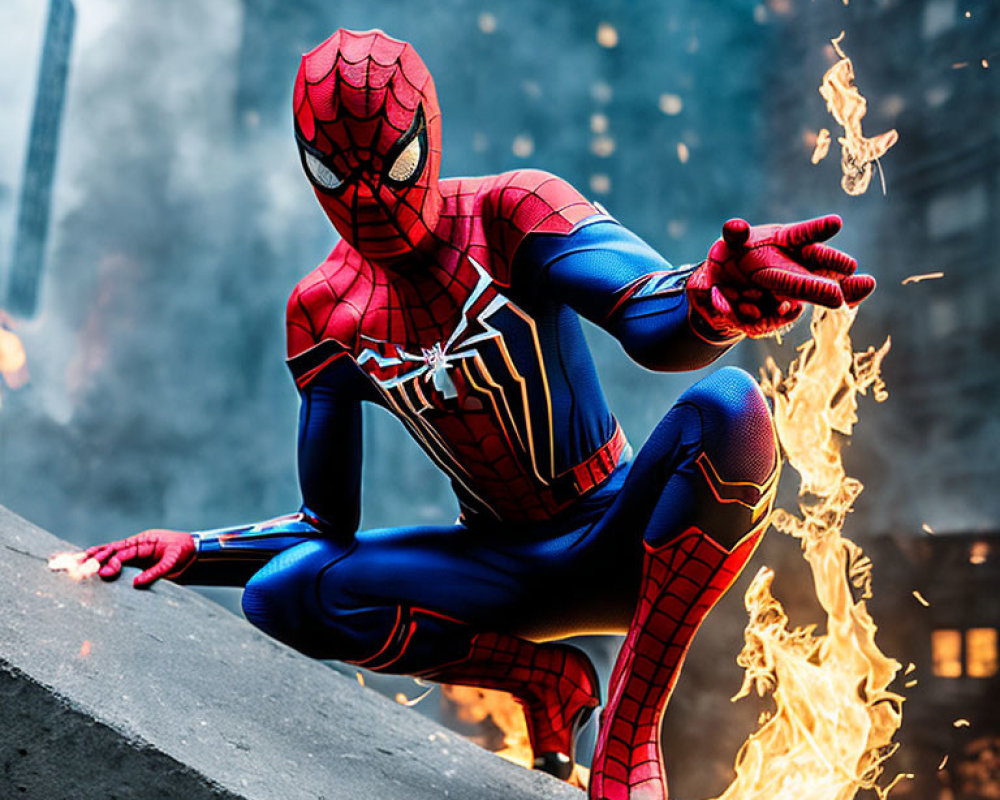 Person in Spider-Man costume crouching on building edge with fiery background
