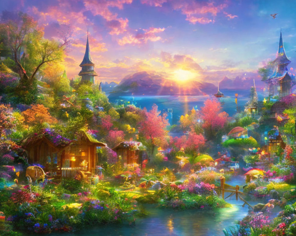 Fantasy landscape with sunset, flowers, cottage, stream, and whimsical towers.