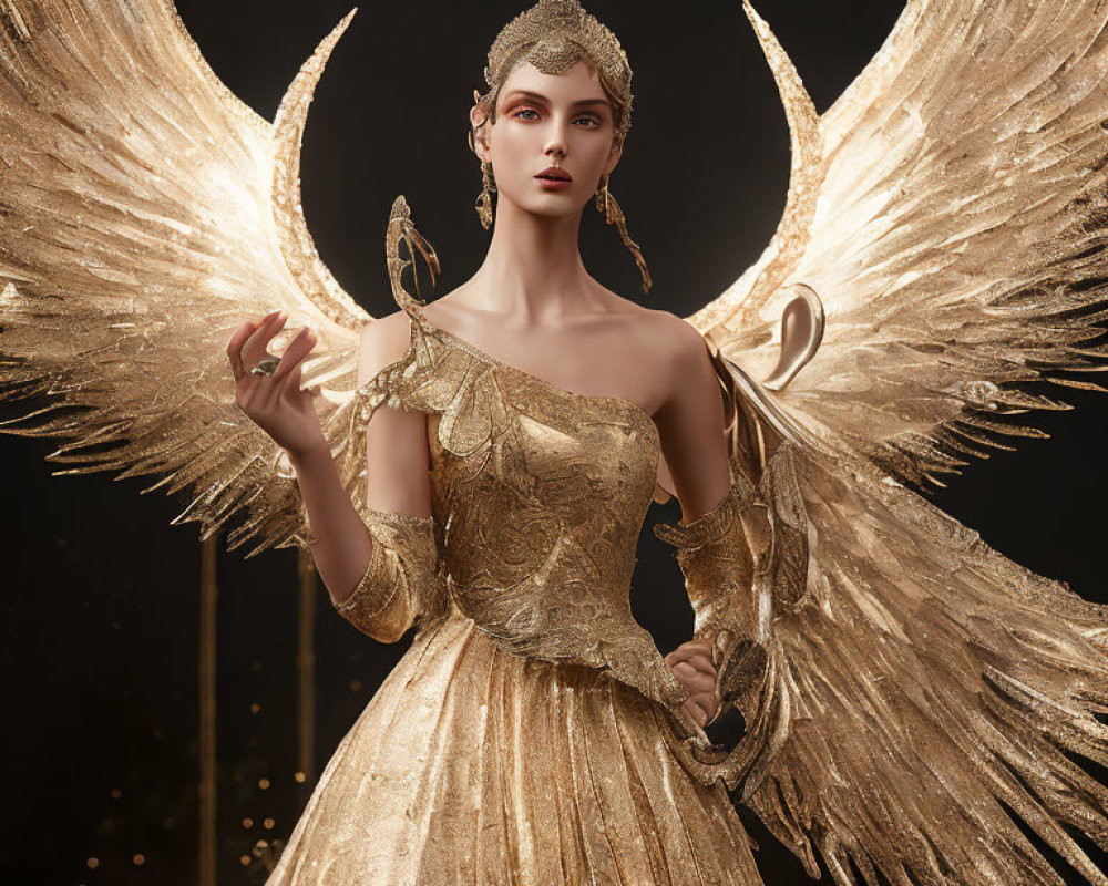 Regal woman in golden gown with wings and headpiece on dark backdrop