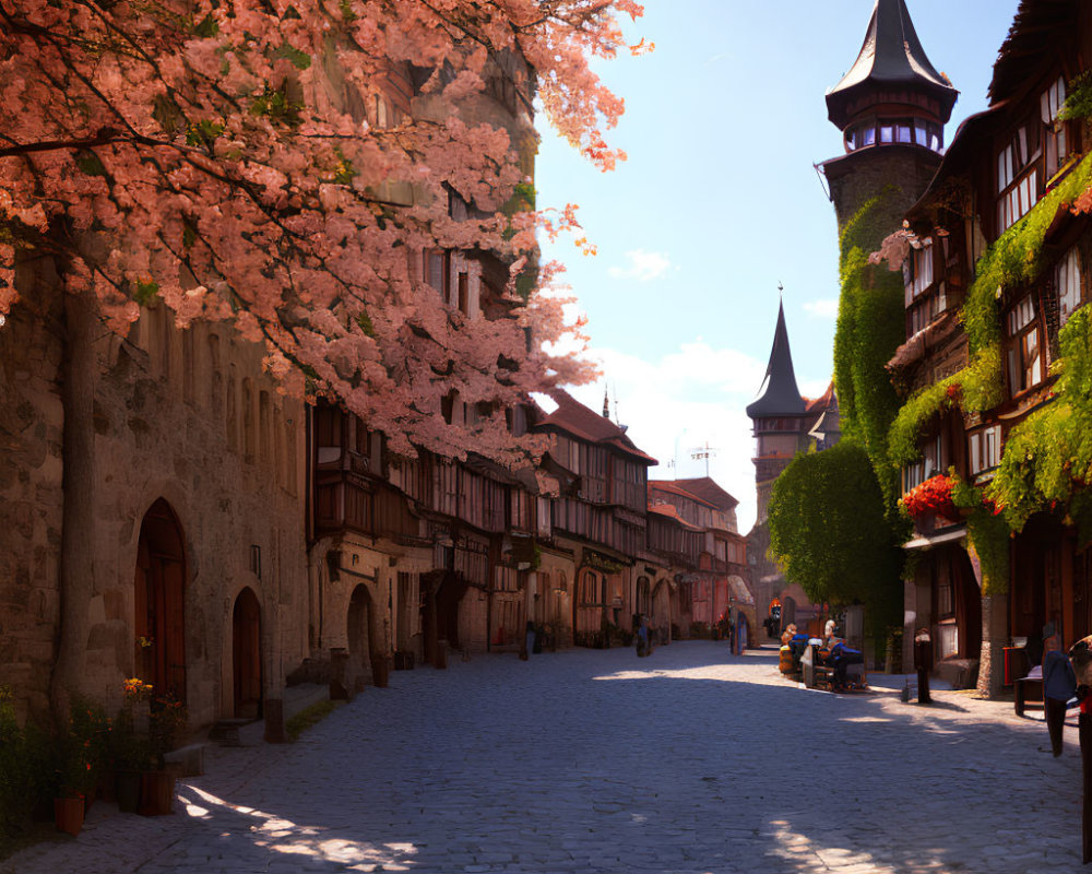 Quaint European village with cobblestone street and cherry blossoms