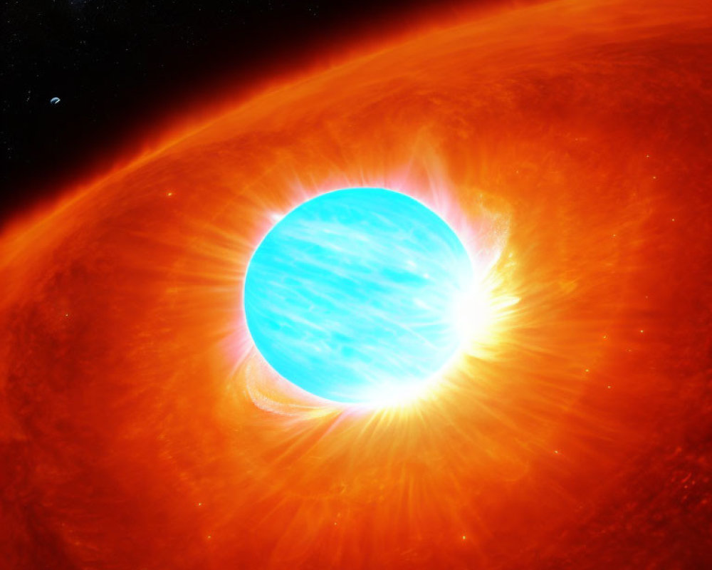 Bright Blue Star Surrounded by Fiery Plasma and Distant Planet in Space