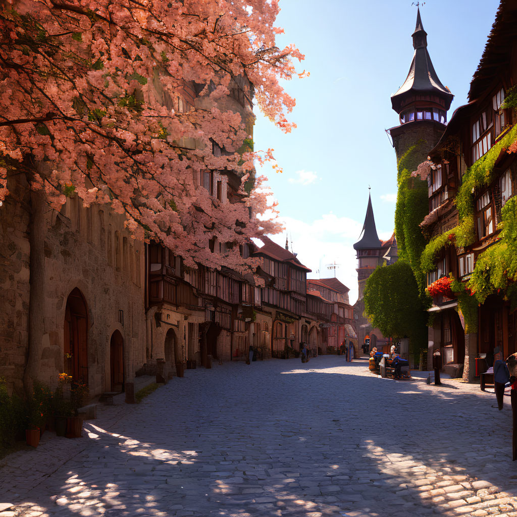 Quaint European village with cobblestone street and cherry blossoms