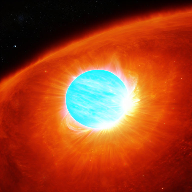 Bright Blue Star Surrounded by Fiery Plasma and Distant Planet in Space