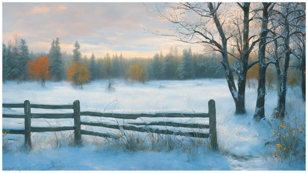 Winter sunrise scene: snow-covered landscape, wooden fence, bare trees, autumn foliage hints, soft glowing