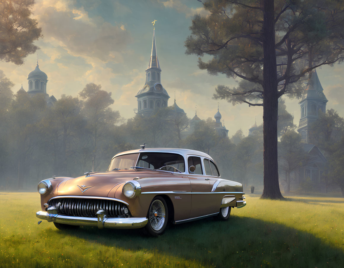 Classic Car Parked in Sunlit Field with Classical Architecture