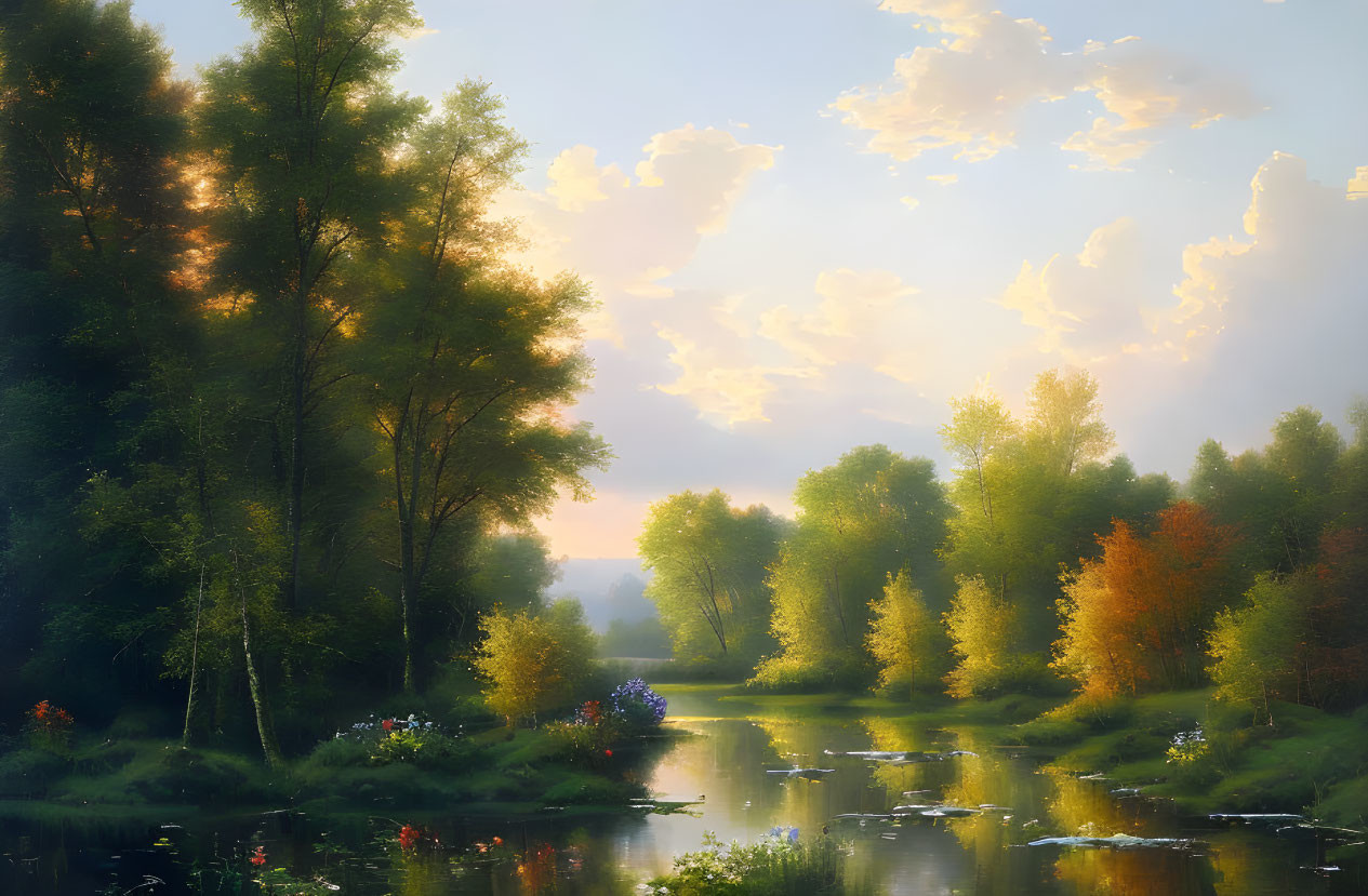 Tranquil sunset river scene with golden light and lush green trees