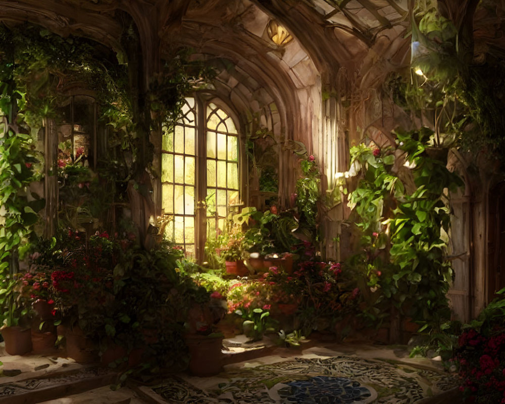 Sunlit overgrown conservatory with stained glass windows and lush greenery