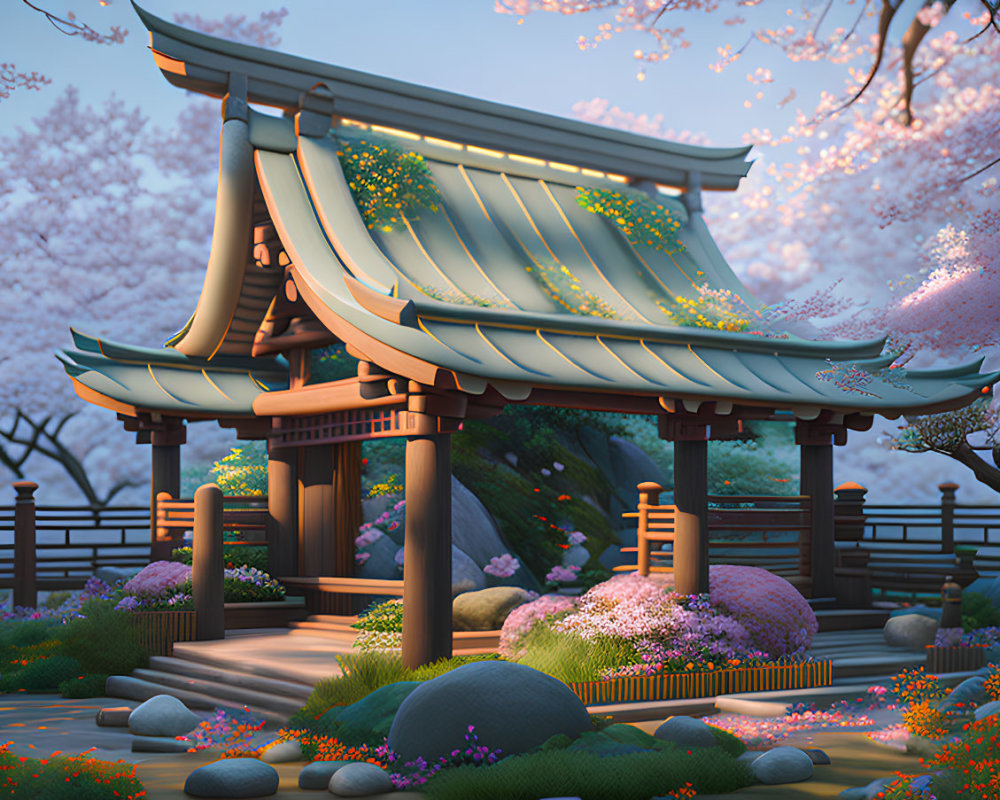 Japanese garden with tiled roof gazebo and cherry blossoms at dusk