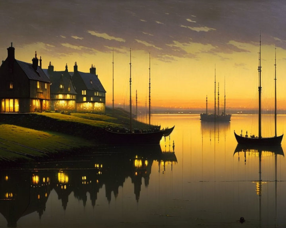 Twilight scene: harbor, silhouetted ships, hillside house, small boats, gradient