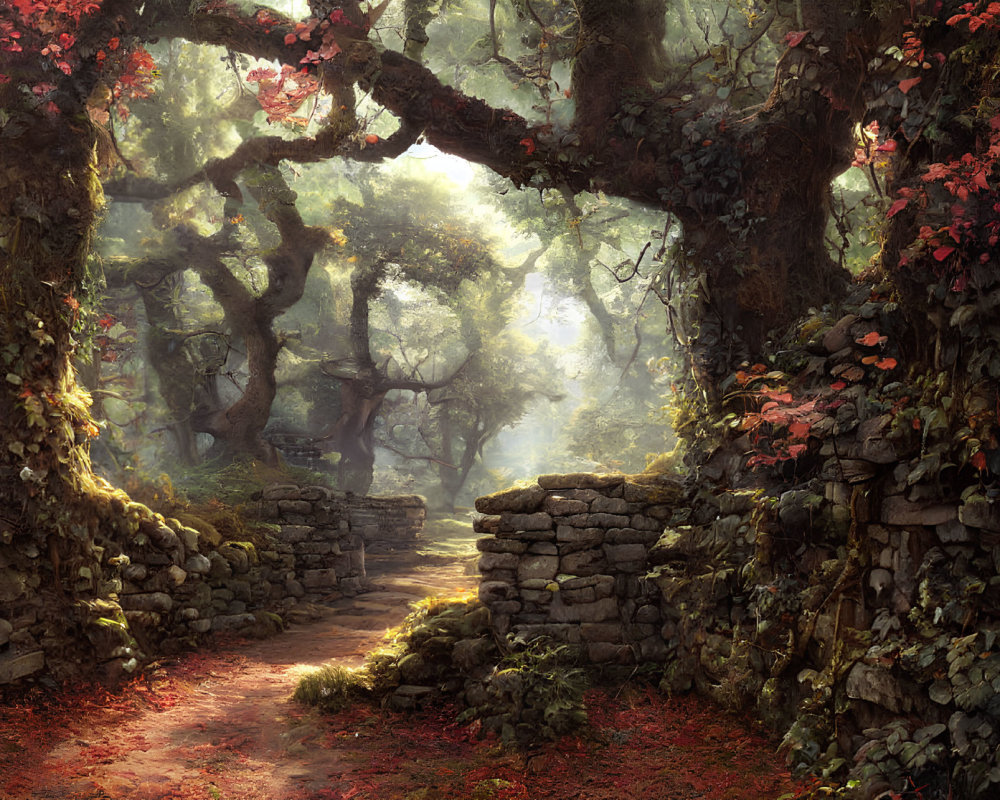 Forest scene with sunlight, stone pathway, overgrown walls, archways, greenery, flowers